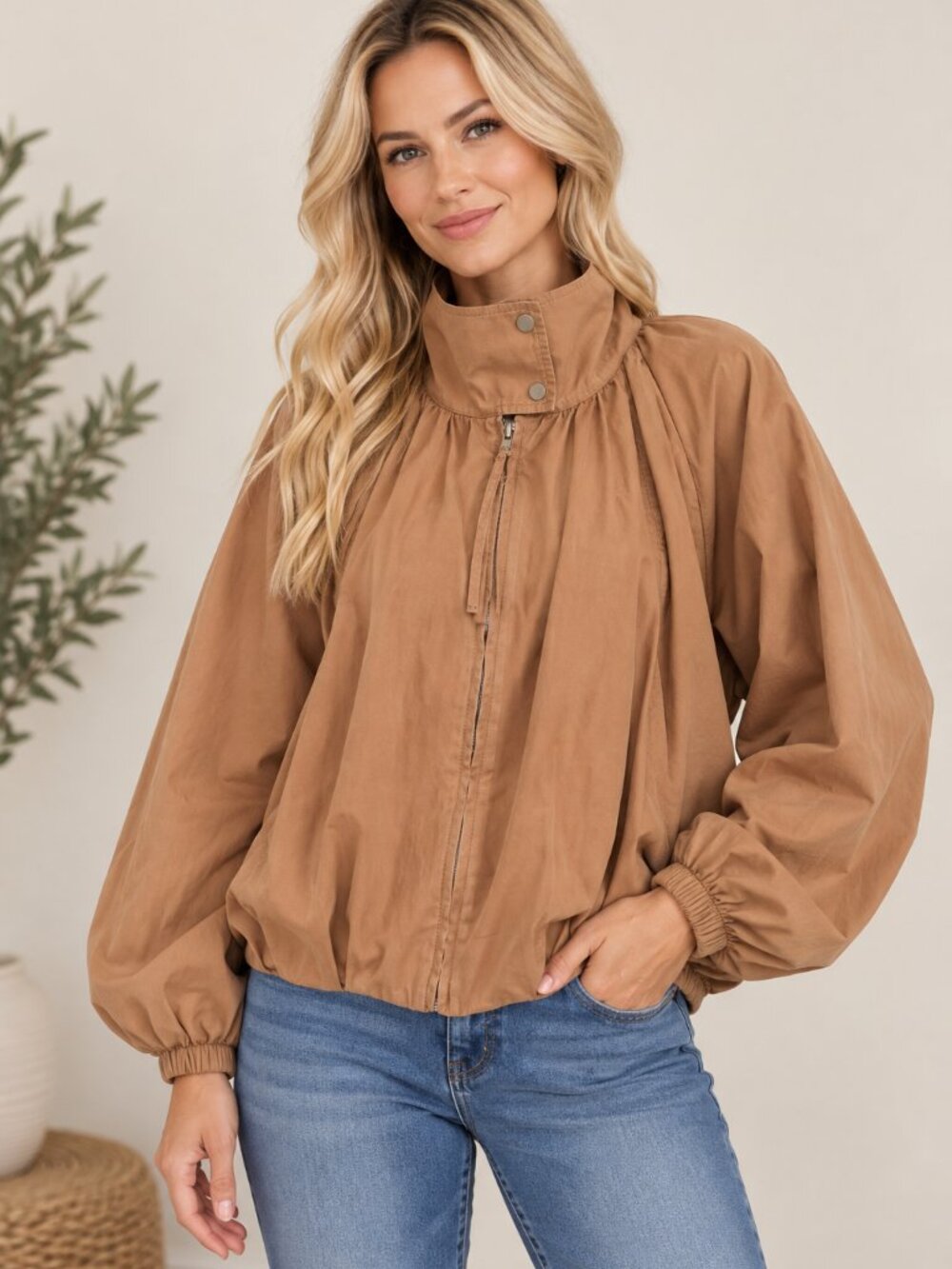 953. Women's Camel Funnel Neck Light Weight Bubble Hem Jacket